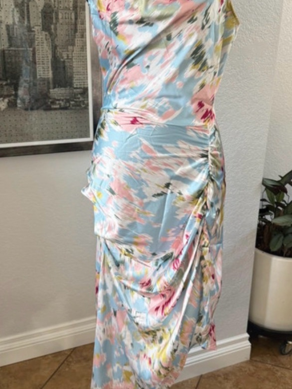 Cider Pastel Blue Floral Midi Dress with Pink & Yellow Accents
